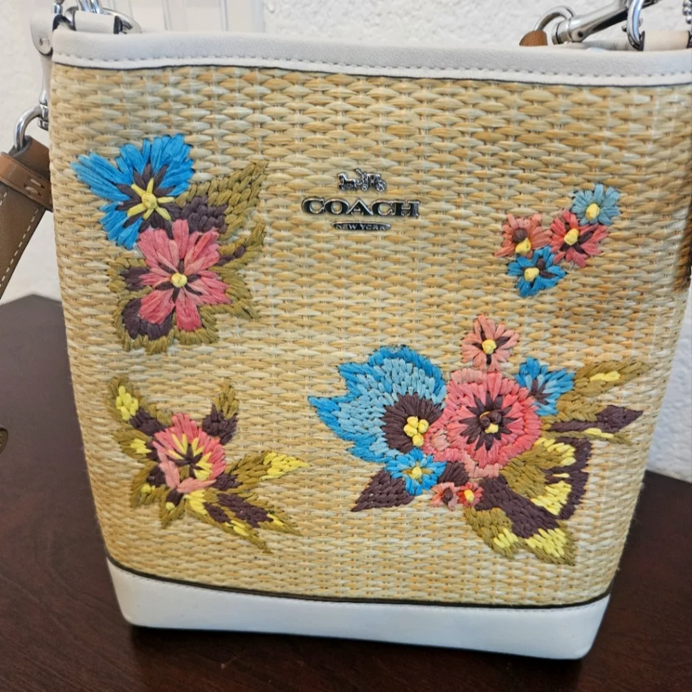 Coach Millie Floral Embroidered Straw Bag - Tan and White - Picture 1 of 9